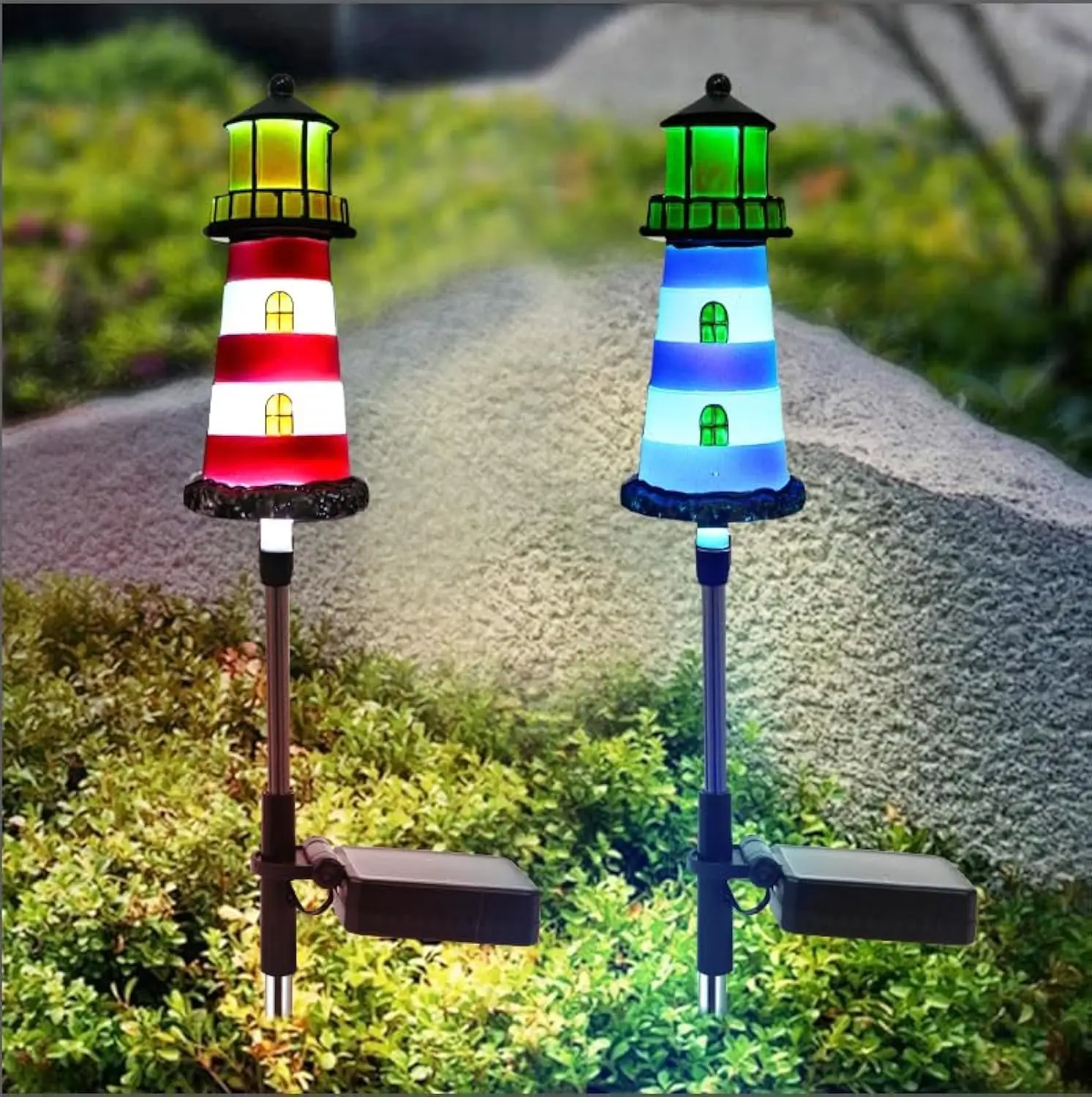 Lighthouse Solar Lights Outdoor,2 Packs Outdoor Waterproof, Solar Trail Lights ,walkways Garden Decor for Outside