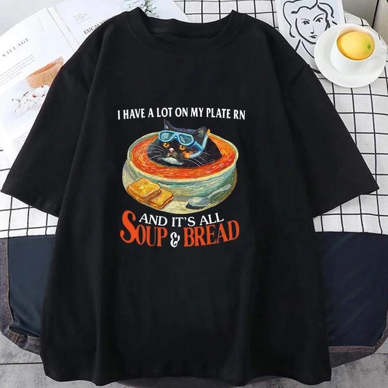 Soup and Bread Graphic Print Short Sleeve T-Shirt Unisex Funny Summer Casual O-Neck Tee Top Mens Womens Apparel Streetwear