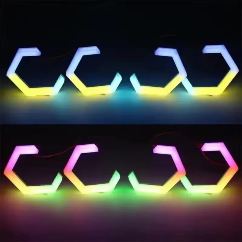 12V 24V RGB Hexagon Angel Eyes Halo Rings Retrofit Headlight Car Motorcycle Switchback White DRL+Amber Turn Signal Light 1Set