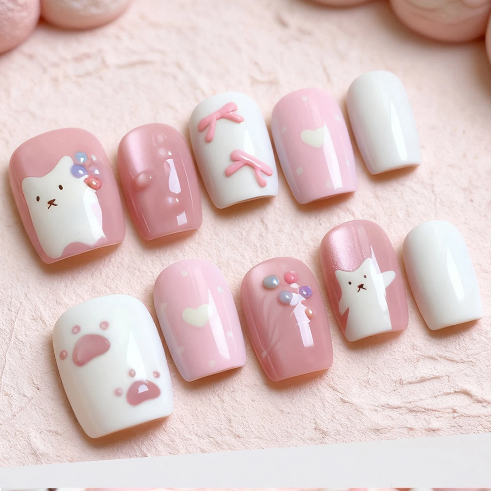 

10pcs Pink Kawai Cartoon Fake Nails Press On Cat Eye Short Square Reusable Girl Korean False Nail Tipsartificial Nail Art