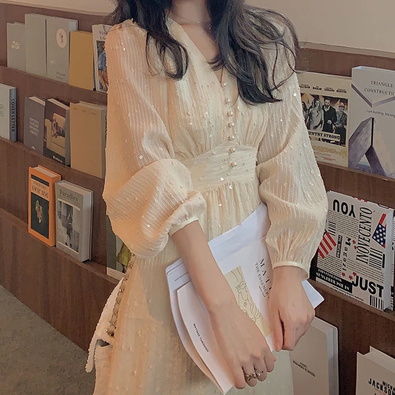 Korean Style Sequins Party Dress Vintage French Puff Long Sleeve Midi Dress Women Elegant V-Neck Fairy Wedding Dress Robe 20586