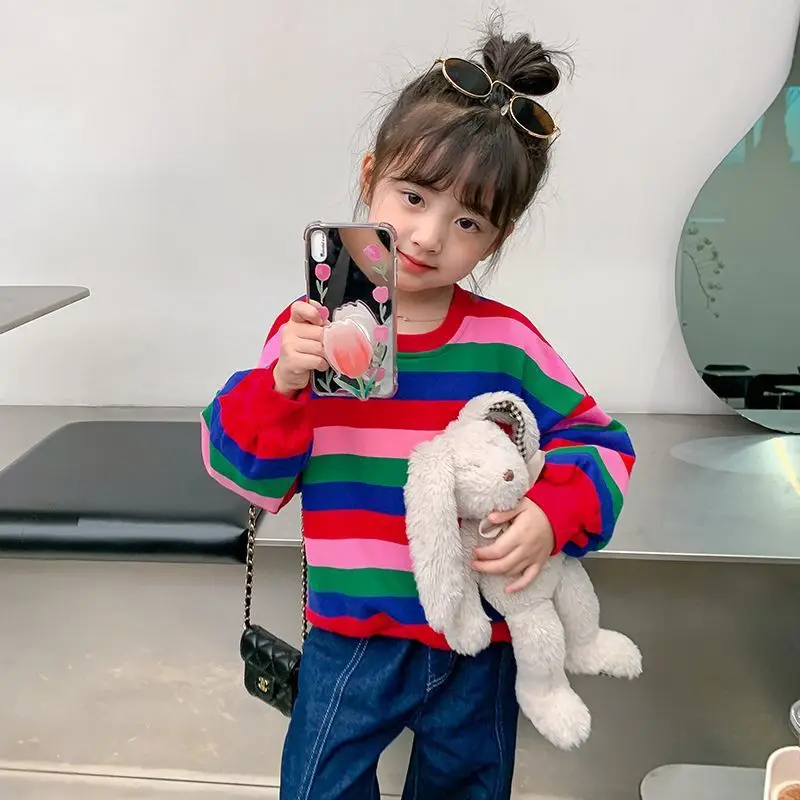 RAISE Autumn Kids Girls Sweatshirts Ins Colorful Striped Children Girls Pullovers Round Collar 2-10Yrs Toddler Girl Long Sleeves