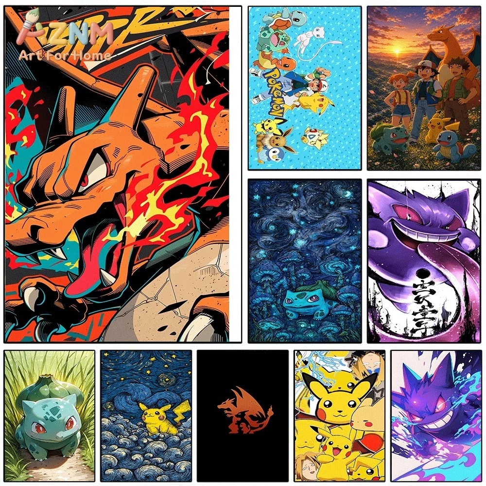 AZNM Charizard Fire Dragon Aggressive Graffiti Style Canvas Wall Print, Pokemon Anime Game Art Poster, Unframed Canvas Paintin