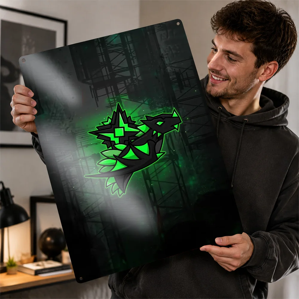 Green Angular Dragon Emblem Aluminum Poster Geometric Wall Art For Home Office Customized Metal Sign Video Game Fan Gift Idea