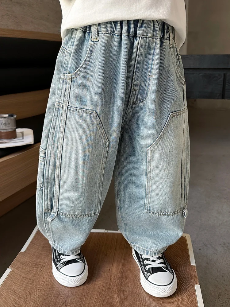 High Quality Baby Boys Jeans Pants Elastic Waist Kids Classical Vintage Patch Jeans Children Loose Trousers 2-8 Years