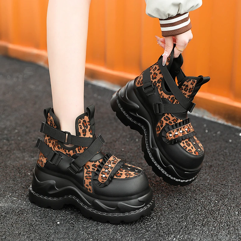 Punk Style Chunky Heels Ankle Boots Thick Bottom Leopard High Top Sneakers Woman New Spring Buckle Strap Ins Lolita Retro Shoes
