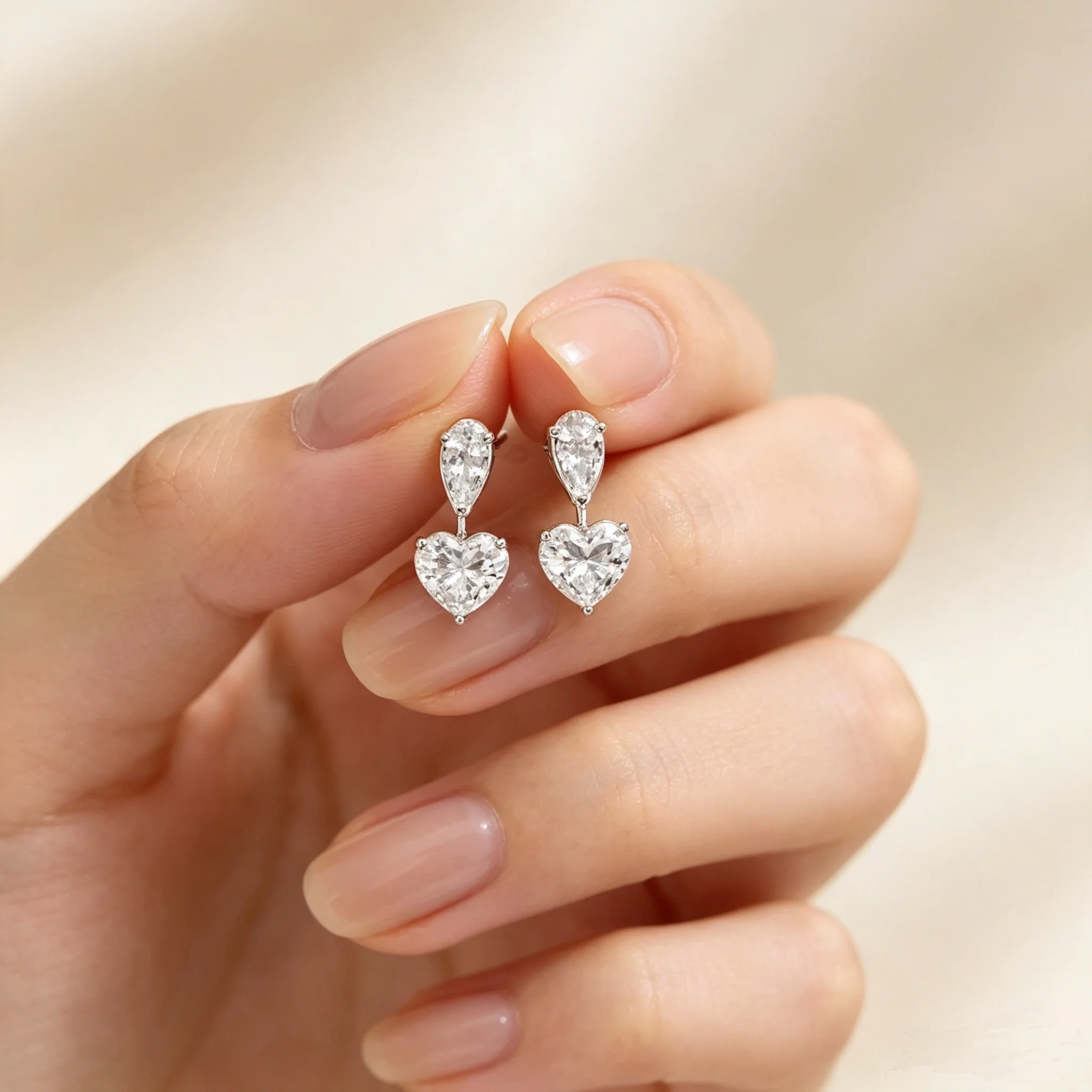 925 Silver Pear & Heart Cut Cubic Zirconia Drop Earrings, Elegant Double Stone Dangle Earrings for Women Wedding Jewelry