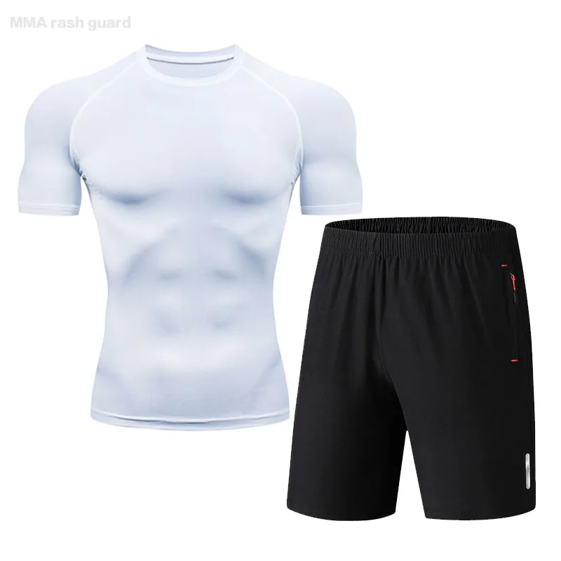 

Running Men's White Short-sleeve T-shirt Black Shorts 2 piece Sports set Gym Workout Quick Dry Bodybuilding Clothing Summer Wear