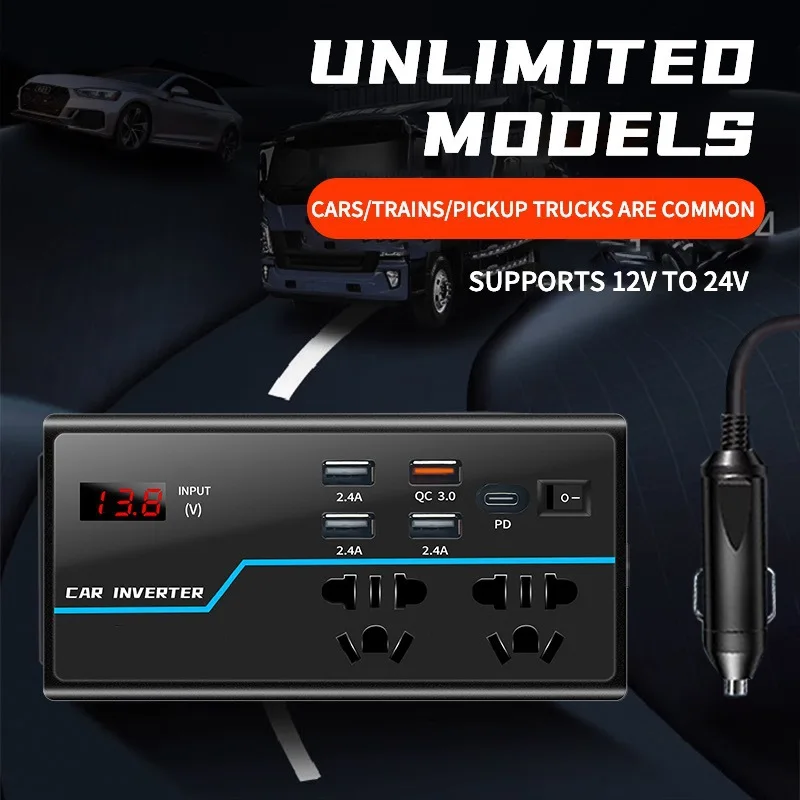 Car Inverter Converter 12V/24V to 110V/220V Power Socket Cigarette Lighter Plug Universal Fast Charger for Electronic Devices