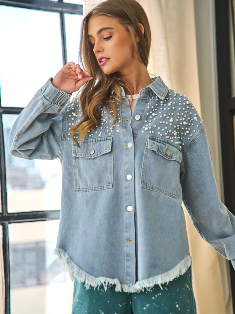 Gypsylady Retro Beading Denim Jacket Autumn Winter Think Vintage Long Sleeve Tassels Blue Women Ladies Biker Jackets Chaqueta