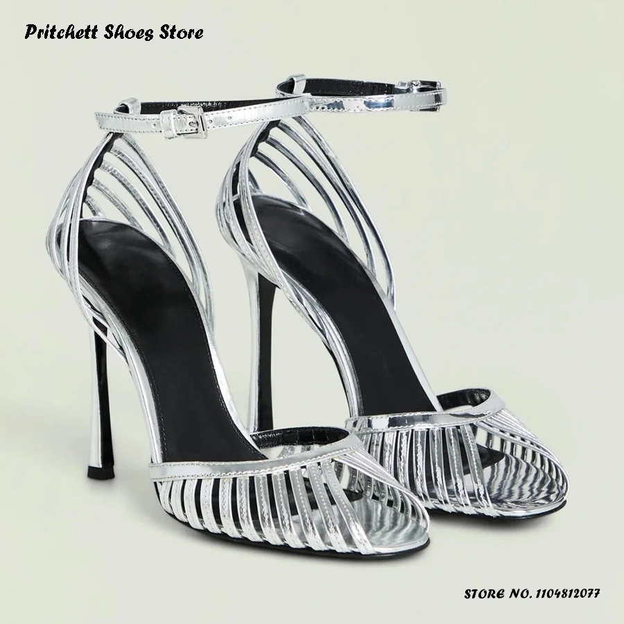 Women's Metallic Leather Modern Sandals Spring Summer Buckle Strap Plus Size Stilettos Round Open Toe Thin Heels Trending Shoes