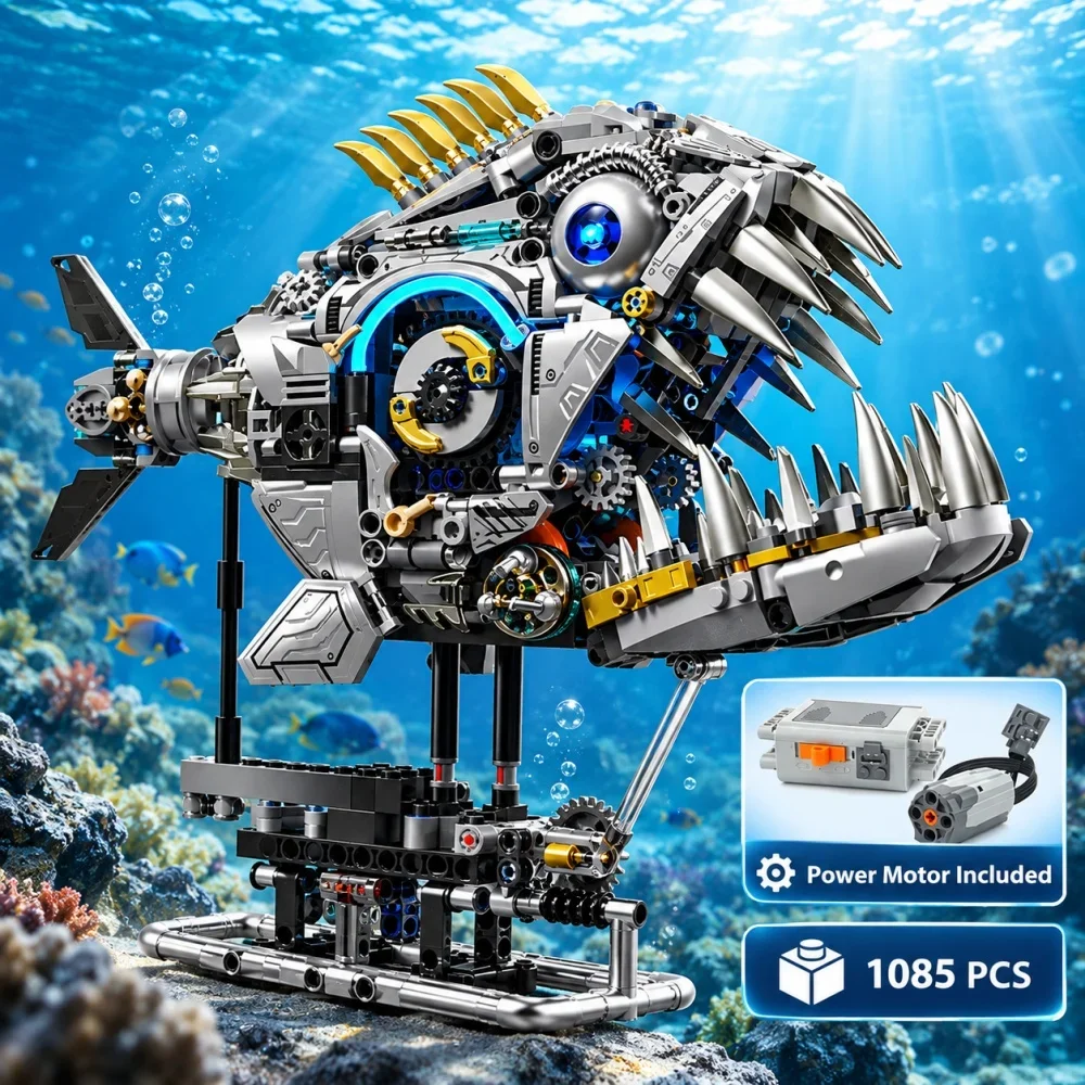 1085pcs Technical Mechanical Piranha Building Blocks, Gear Linkage Deep Sea Fish MOC Model, Holiday Adult Kids Gift