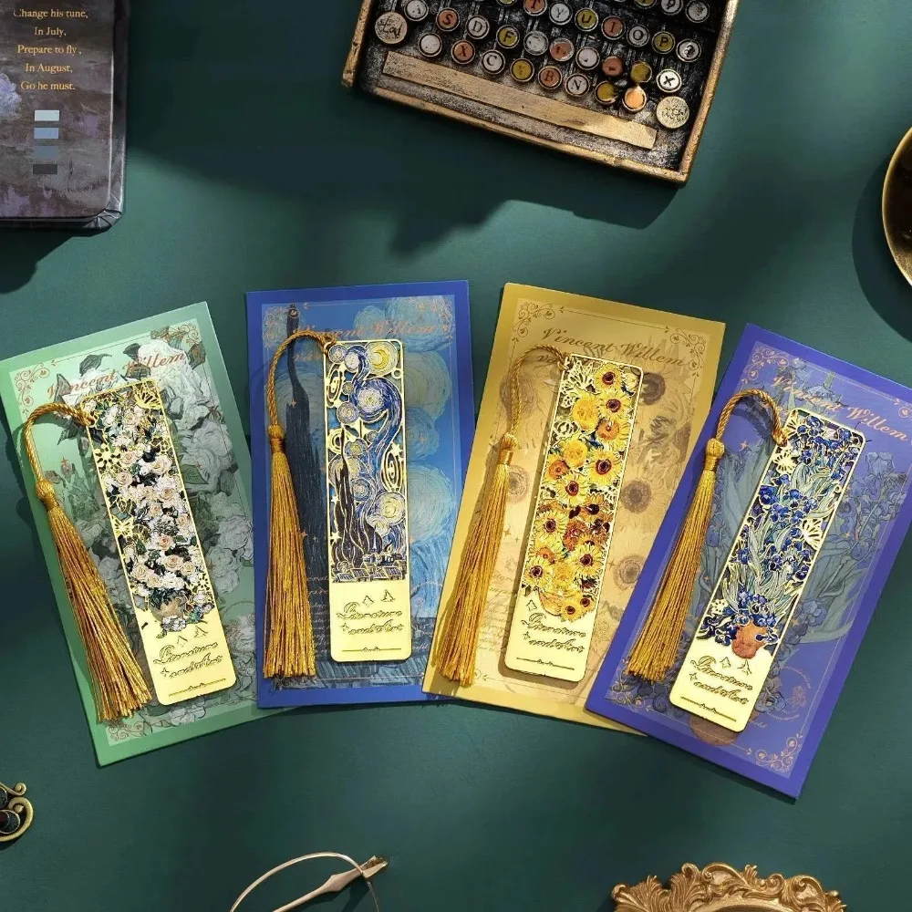 

New Hollow Metal Book Marks Long Tassel Rectangular Bookmark Flowers Vintage Painting Reading Stationery for Book Club Readers