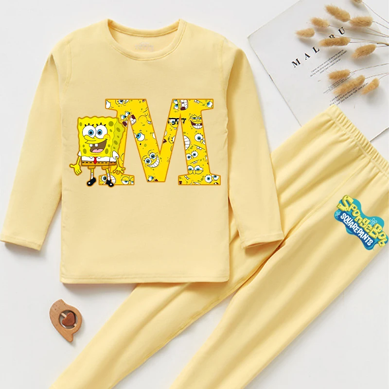 New Spongebob Pajamas for Children Cute Cartoon Letter A-Z Printed Nightgown Boys Girls Loungewear Autumn Children\'s Clothing