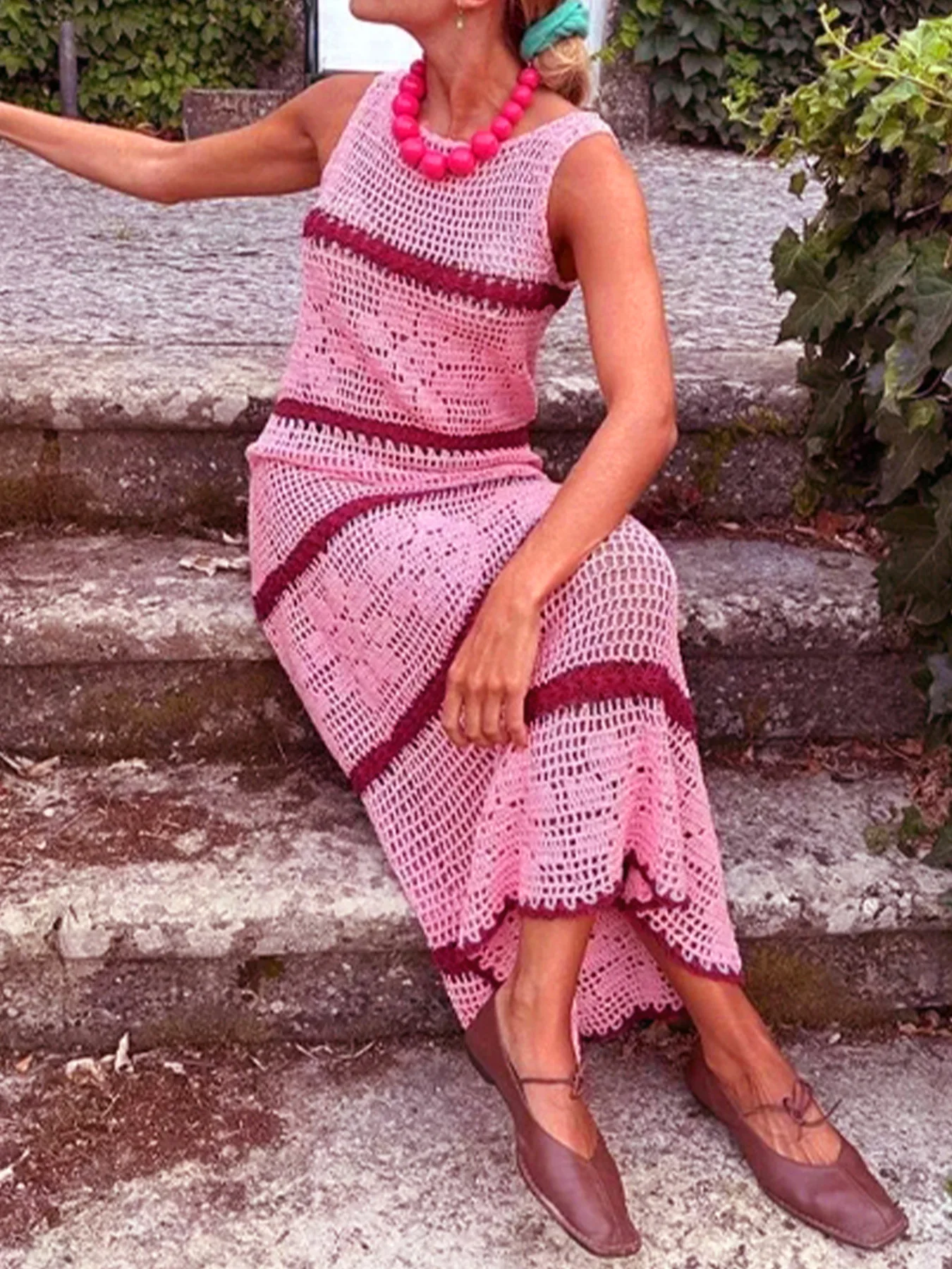 

Casual Hollow Knitted Dress For Women Fashion O-neck Sleeveless Contrasting Striped A-line Long Dress Spring Summer New Style