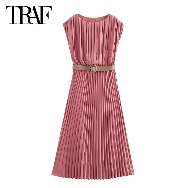 TRAF Long Dresses 2024 Pleated Midi Dresses Summer Autumn Women\'s Elegant Party Ladies Fashion Casual Winered Belt Long Dresses