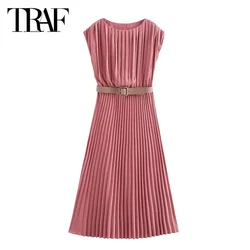 TRAF Long Dresses 2024 Pleated Midi Dresses Summer Autumn Women's Elegant Party Ladies Fashion Casual Winered Belt Long Dresses