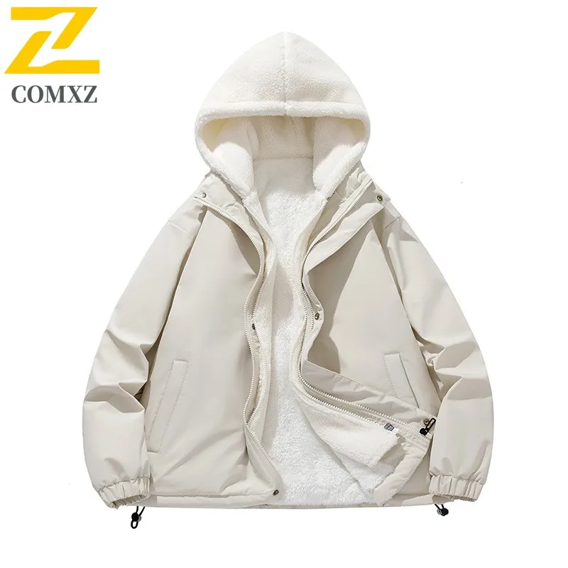 COMXZ 2025 Autumn Winter Sherpa Two Piece Hooded Jacket Unisex Thick Fleece Lined Fashion Outdoor Sports Casual Solid Color Coat