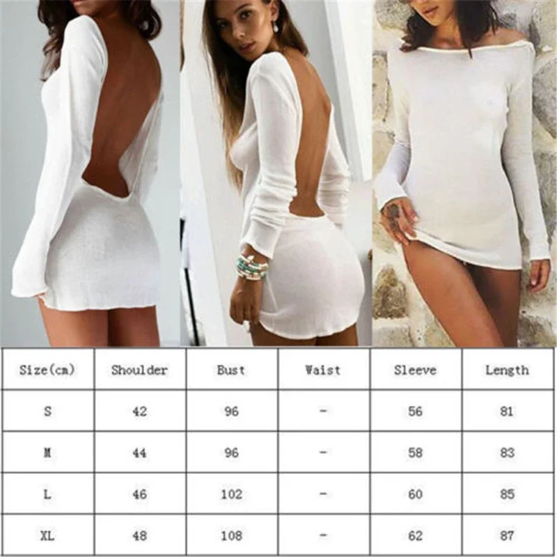 Women's Sexy Dress Solid Color Round Neck Long Sleeve Backless Hip Dress Slim-Fit Summer Short Dresses for Party Clubwear Y2k