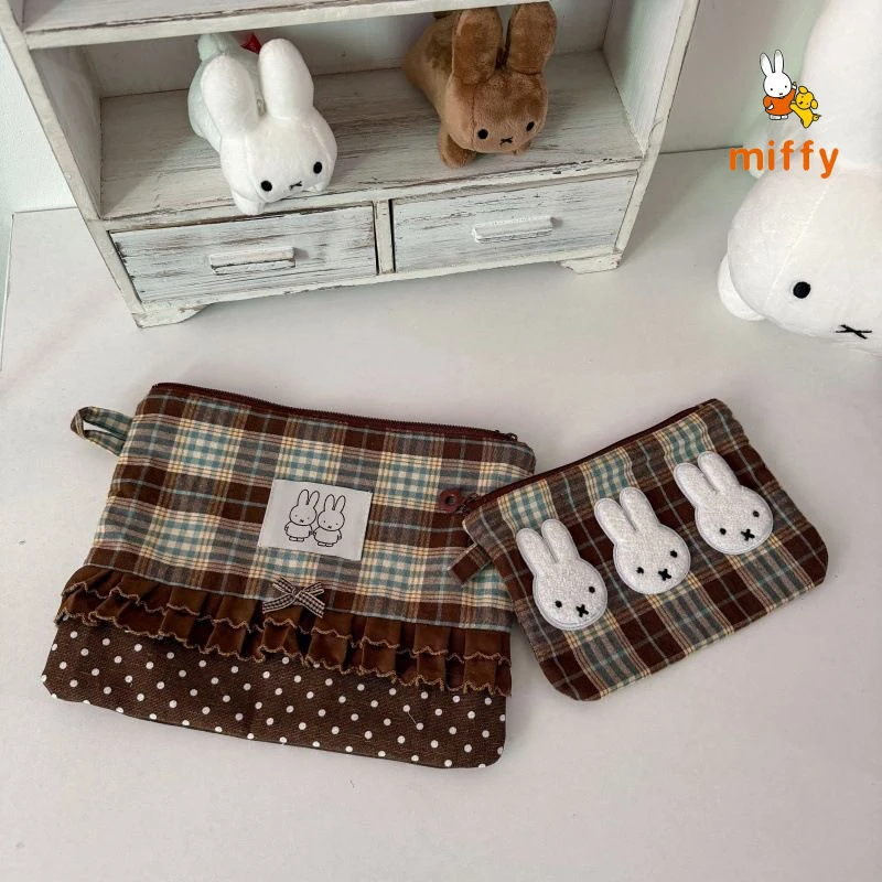 

Kawaii Miffy Storage Bag Checkered Creative Cartoon Coin Purse Notebook Passport Stationery Organizer Bag Anime Accessories Gift