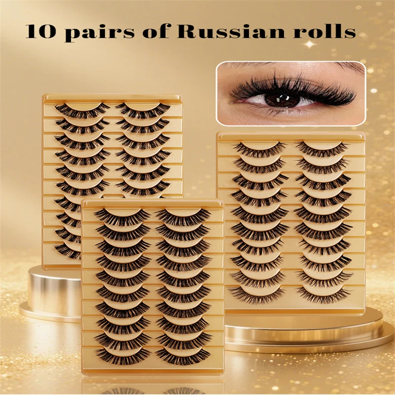 10 Pairs Russian Roll False Eyelashes Natural Lightweight Perfect Curl Reusable Eyelash Extensions for Suitable Care