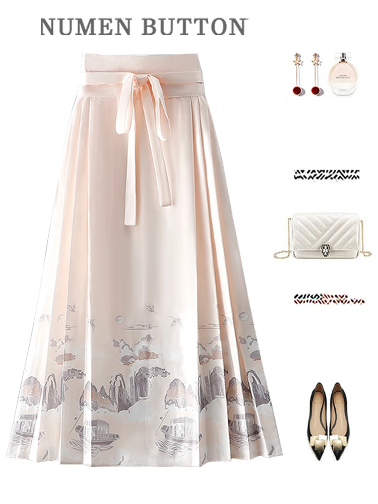 

Tang Dynas Hanfu Semi-skirt Long Skirt High Waist A-line Skirt Printed Improved Ma Face Skirt New 2025 Chinese Sle