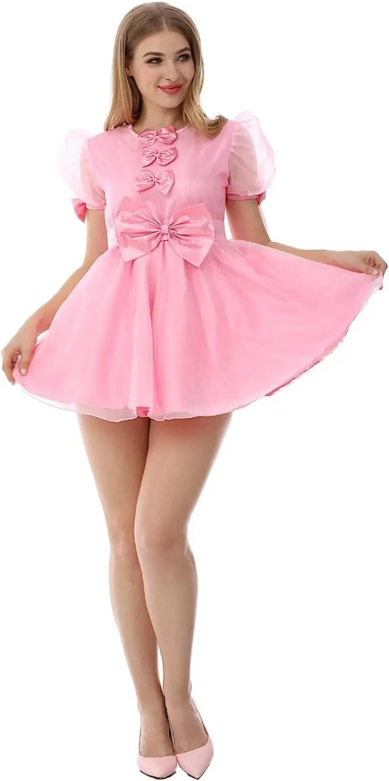 

Pink Thin Silk Bow Sissy Dress Organza Short Sleeved Sexy Girl Servant Role-playing Adult Giant Baby Custom Multi-color