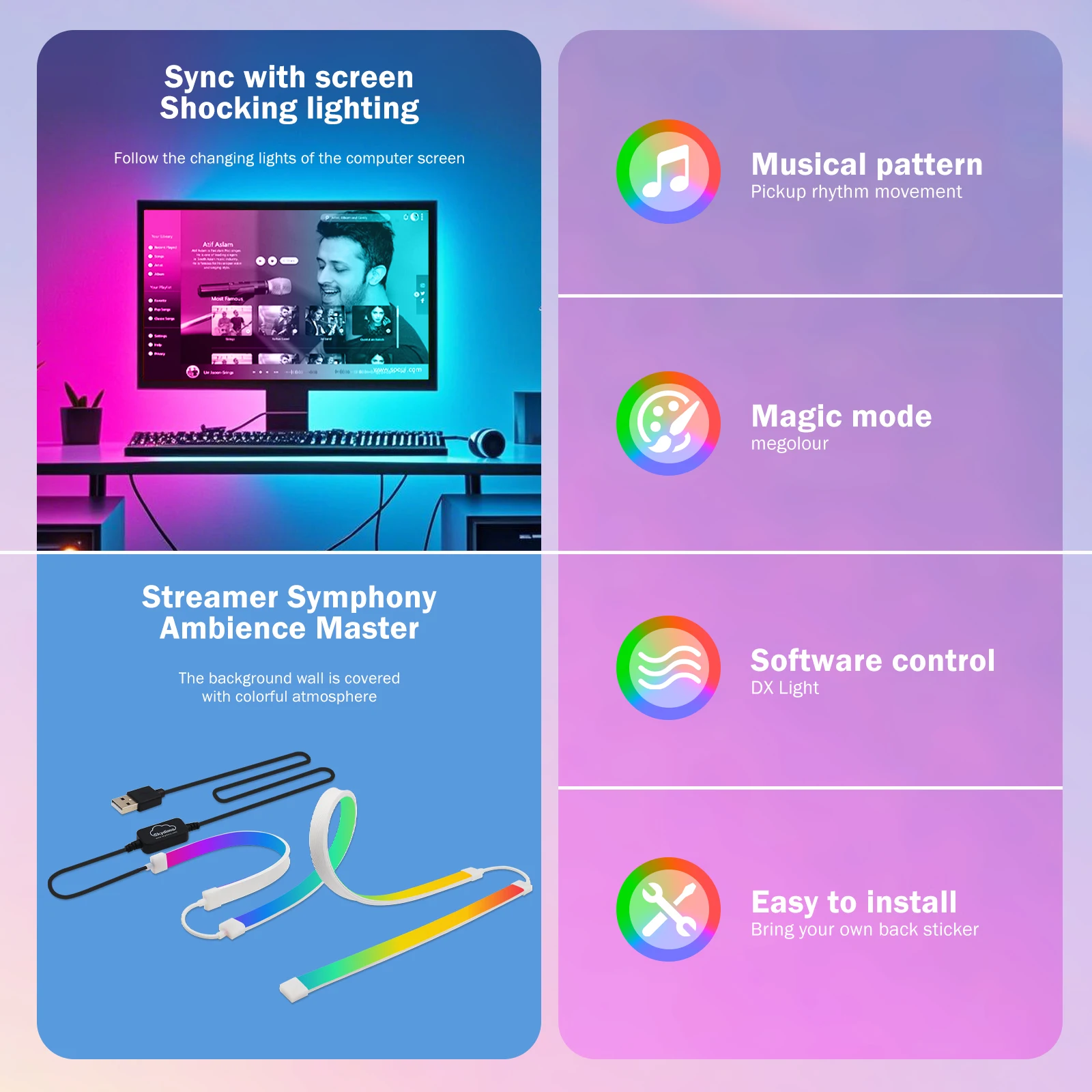 Smart LED Gaming Strip Light USB Ambient RGB Computer Monitor Backlight Sync Strip for Bedroom Gaming Room Atmosphere Decor