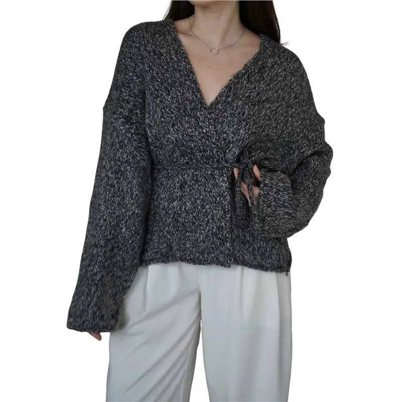 

CYL-Female Tie Wrap Sweater V Neck Lantern Sleeves Knitwear Solid Pullover Cropped Cardigan