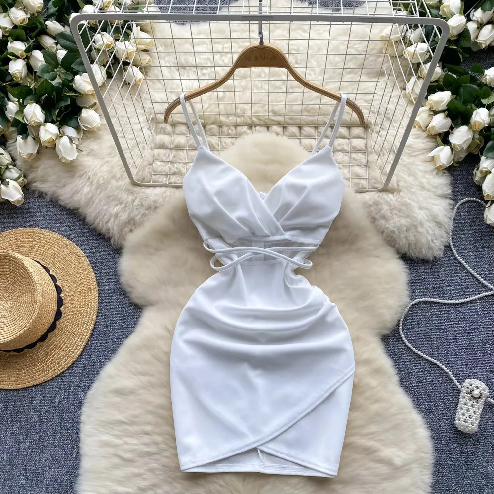 Elegancka słodka sukienka z wysokim stanem i wycięciem w talii Seksowna sukienka z dekoltem w szpic Asymetryczna sukienka na wakacje Slim Women Party Hip Wrap Short Dresses