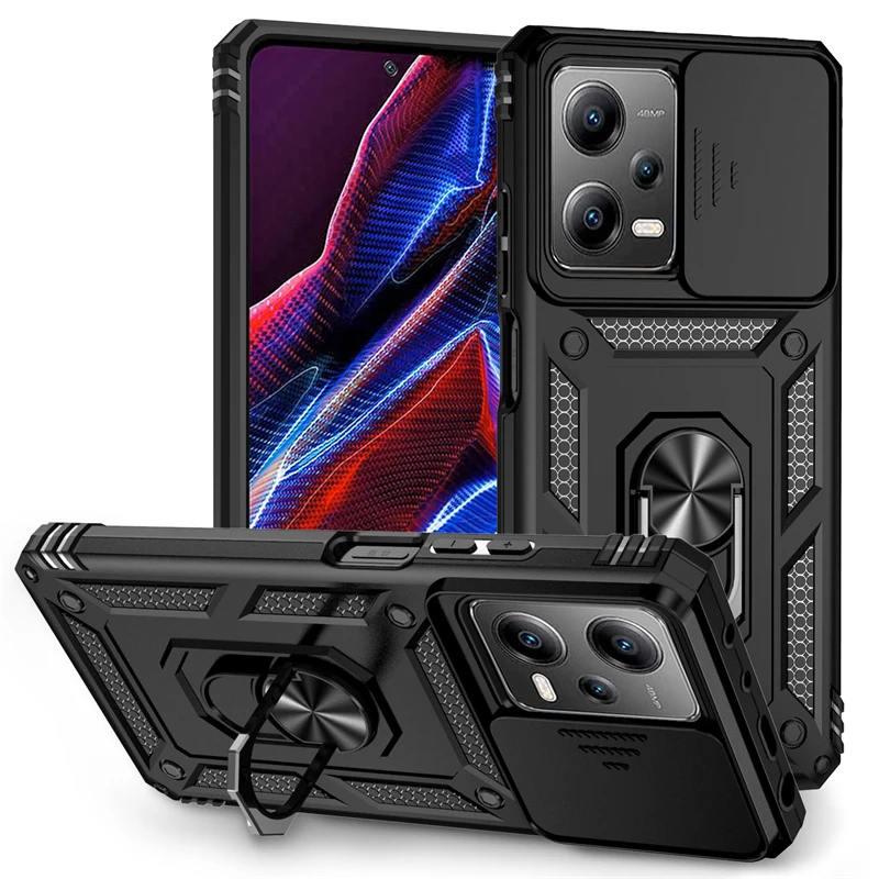 For Poco X5 X5 Pro 5G Case Slide Lens Camera Protect Phone Case For Pocox5pro Poko X5pro X 5 Pro 5X Stand Ring Back Cover