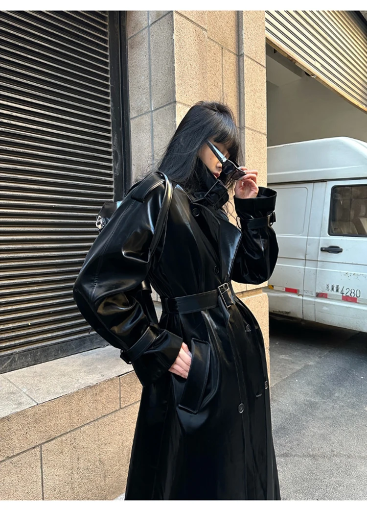 Lautaro Spring Autumn Extra Long Oversized Cool Reflective Shiny Black Patent Leather Trench Coat for Women Belt Runway Fashion
