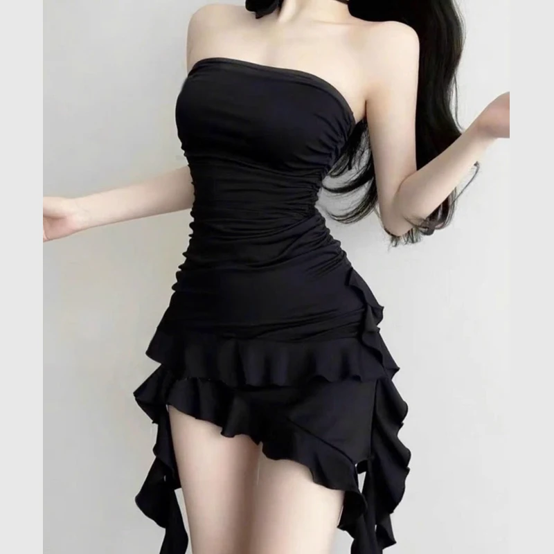 Sexy Irregular Strapless Black Dress Women Summer Backless Ruffles Dresses