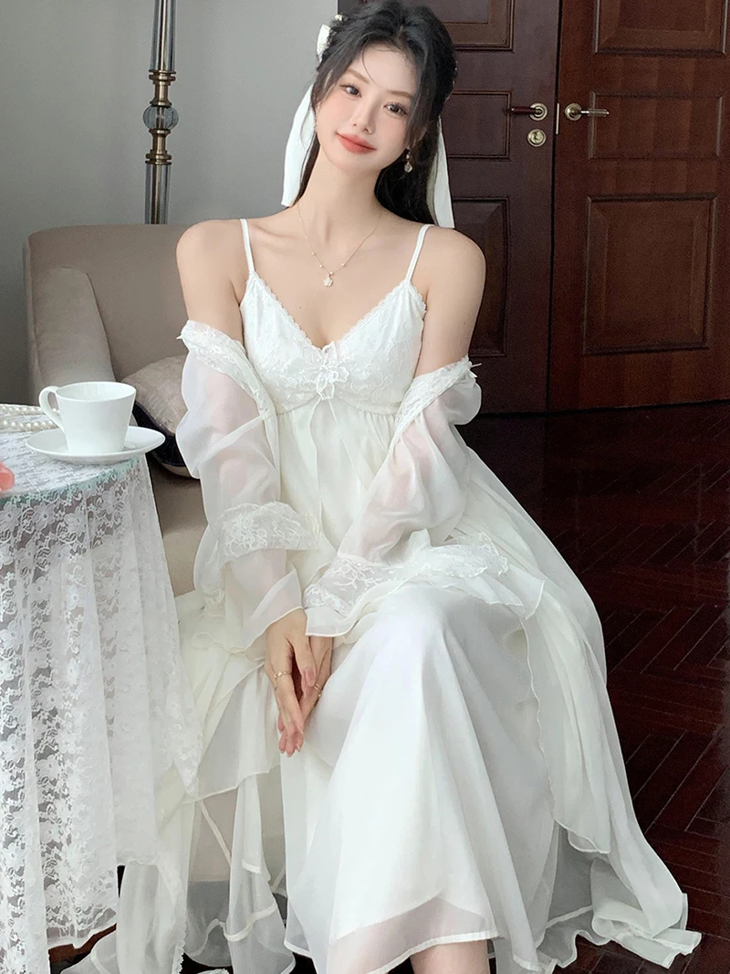 French Sexy Robe Fairy Nightgown Two-piece Set for Women Spring Chiffon Mesh Vintage Princess Pajama Sleepwear Home Clothing