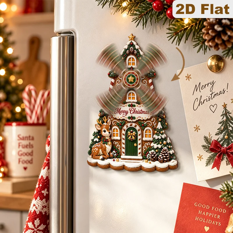2D Flat 1pc Wooden Christmas Reindeer Windmill Gingerbread House Spinning Fridge Magnet, Interactive Magnetic Refrigerator