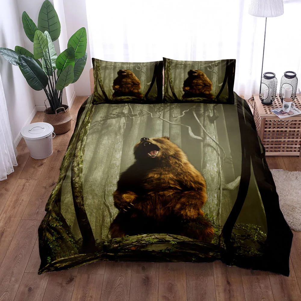 

Vintage Wild Bear Wild Animal Protection Duvet Cover Set King Queen Double Full Twin Single Size Bed Linen Set
