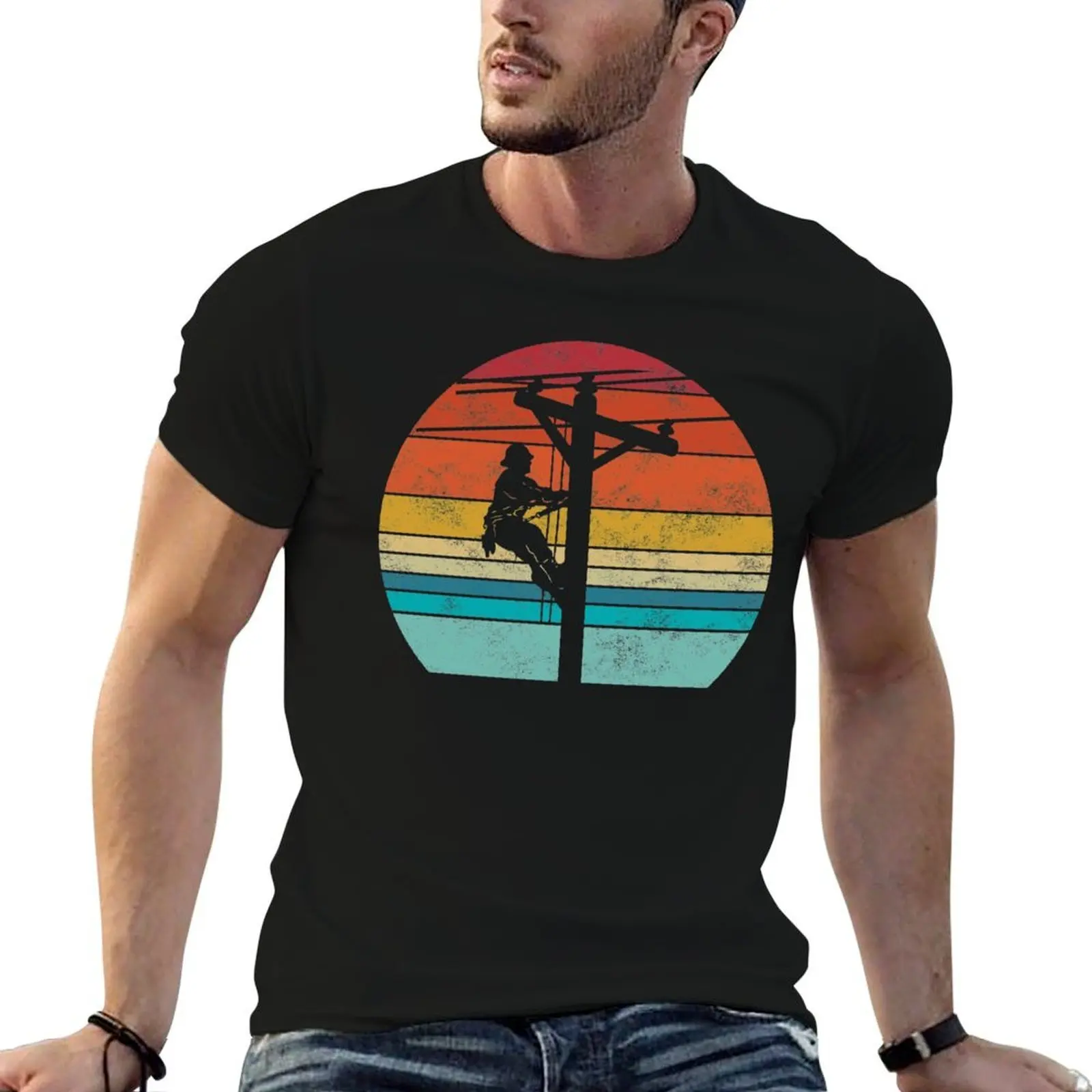 

Retro style Lineman Cell Tower Line Worker T-Shirt cotton t shirts man 100% t shirt man cotton T-Shirt