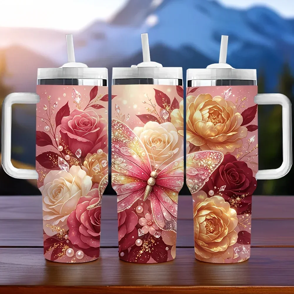 40Oz Long-Lasting Insulated Tumbler with Handle, Elegant Rose Butterfly Print Tumbler, Ideal Holiday Birthday Gift for Women, Suitable for Daily Use And Outdoor Outingsorders for other colors will be shipped randomly in black or white