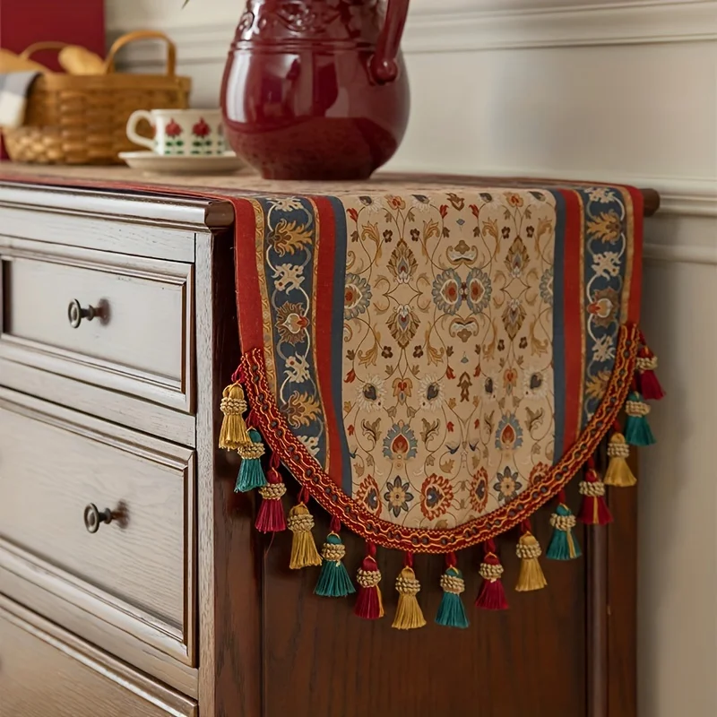 

Винтажная американская дорожка на стол - красно-бежевая клетчатая ткань с кисточками, прямоугольная декоративная ткань из полиэстера