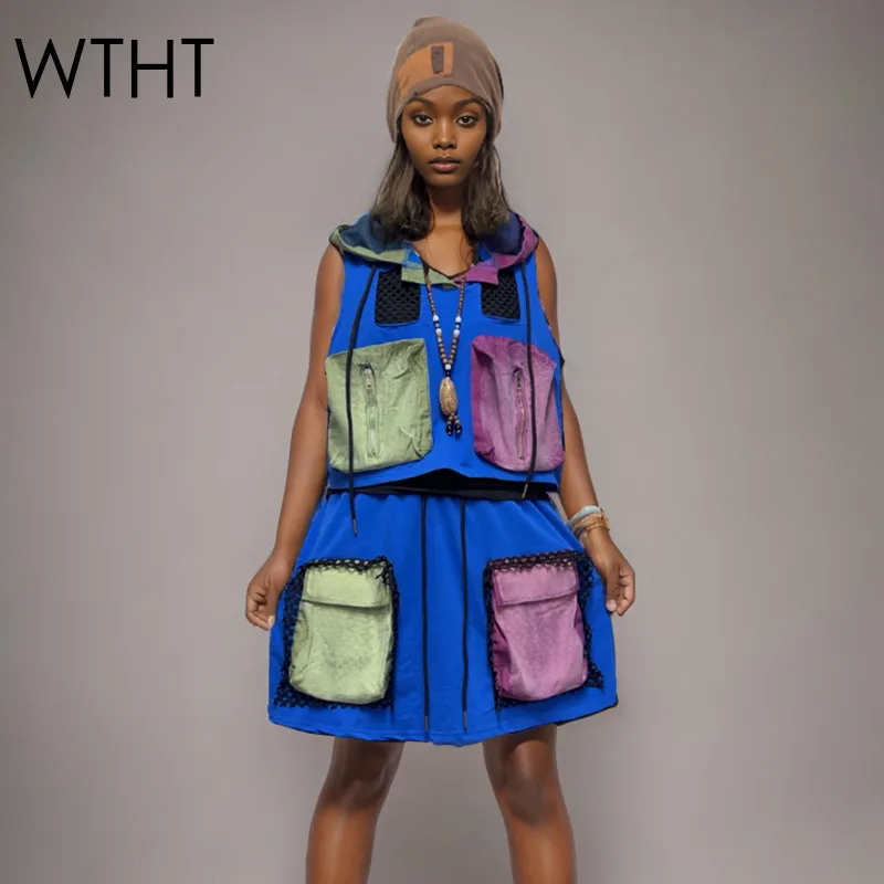

WTHT Trendy Women Contrast Color Spliced Hollow Out Hooded Vest Fashion 2025 Summer Drawing Pockets A-line Skirts Female 1LS1791