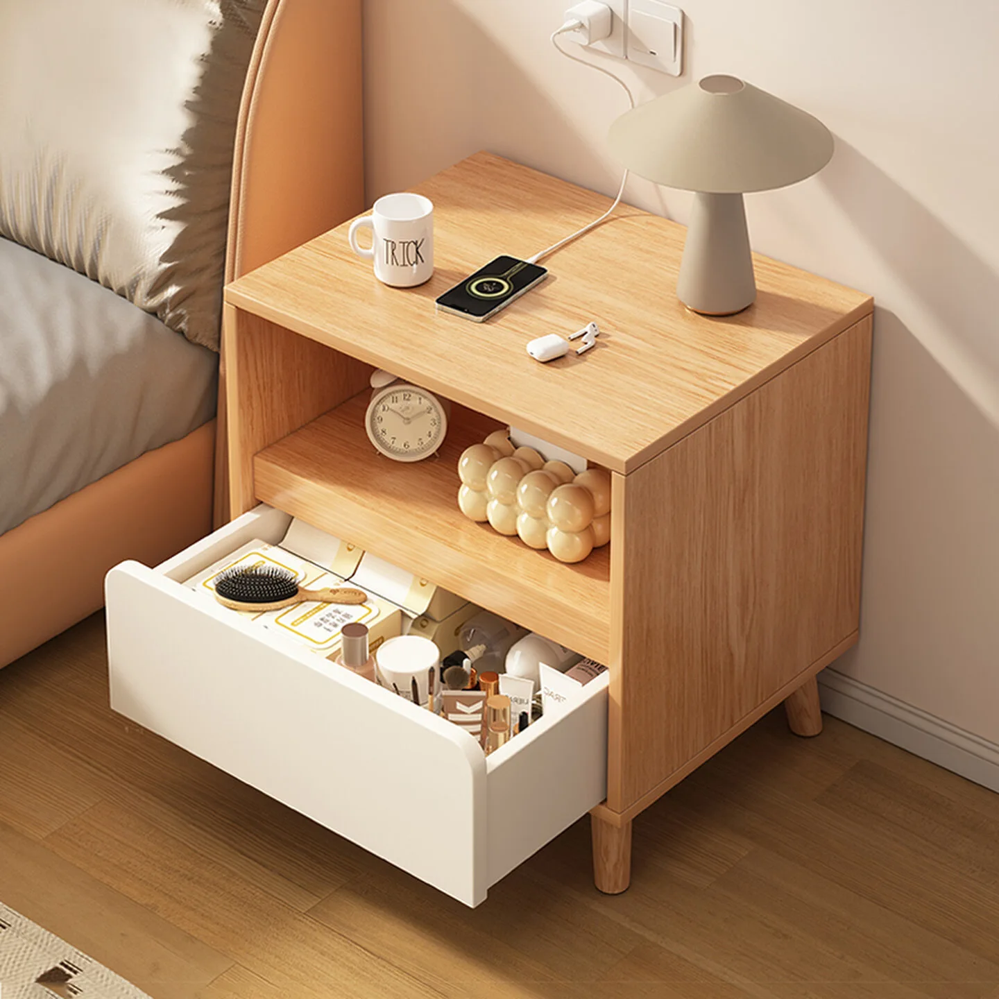 Modern Simple Bedside Cabinet, Solid Wood Legs Storage Small Nightstand for Bedroom 2026 New