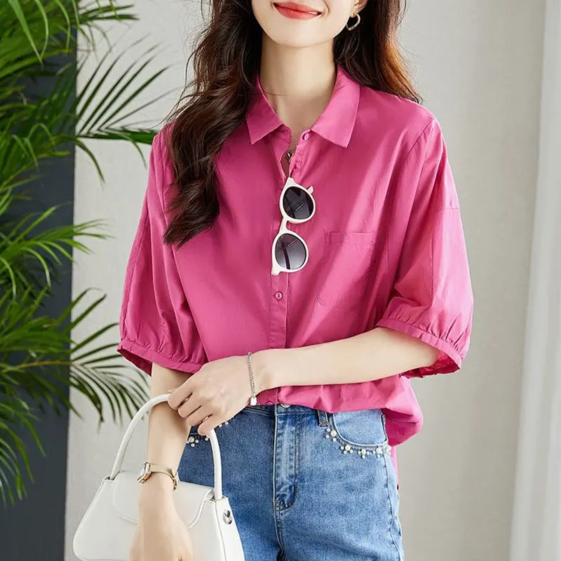 Fashion Single-breasted Blouse Half Sleeve Casual Loose Women\'s Clothing Pockets Spliced Polo-Neck 2024 Summer Solid Color Shirt