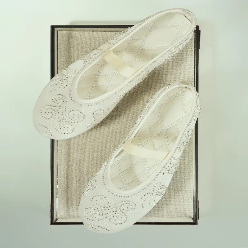 

Niche-Style Women's Flats New Arrival Round-Toe Casual Comfort Mesh Slip-On Ballet Shoes With Bead Embroidery Champagne Female