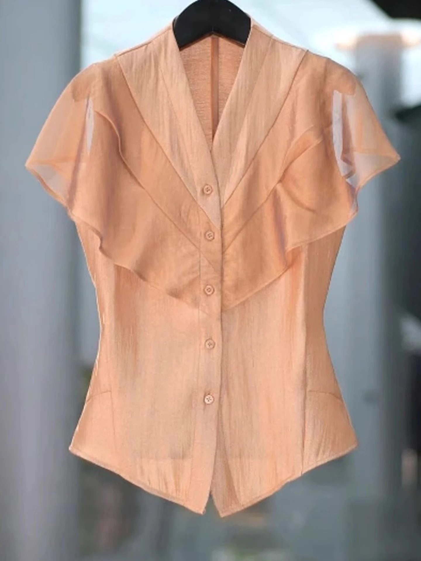 スリムフィットシルクシフォンシャツシングルボタン通勤トップスレディース通気性夏2025無地おしゃれ軽量シャツ