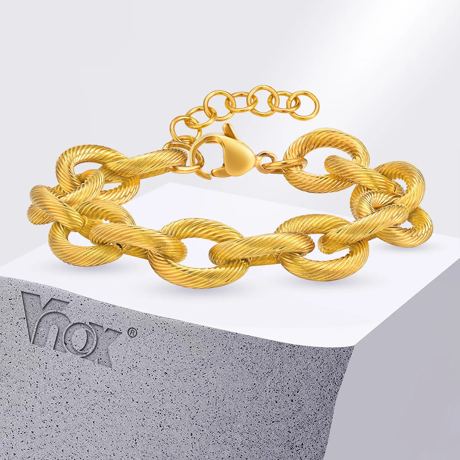 Vnox Stainless Steel Chunky Bracelets For Women Men,Gold Color Simple Fried Dough Twist Chain,Unisex Fashion Jewelry Gifts