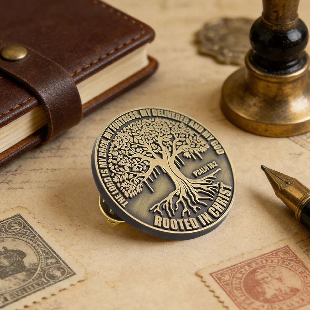 In Christus verwurzelte Baum-Emaille-Brosche Psalm 18:2 Schriftwort Der Herr ist meine Felsigkeit, meine Festung, mein Erlöser Religiöser Glaubens-Pin Access – Detail 10
