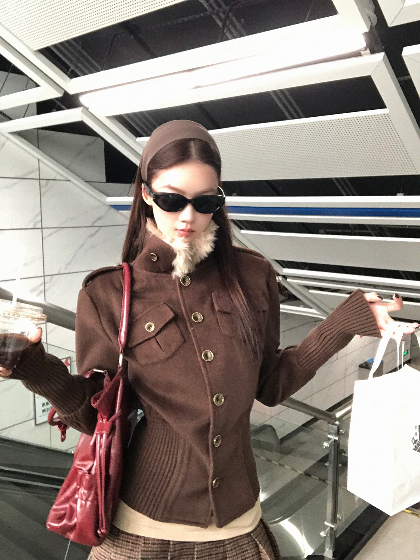 

ort Quilted Jaet Women's Brown Fur Collar Cotton Coat Warm Commute Sle Straight Cut Polyester Blend Long Sve Button up
