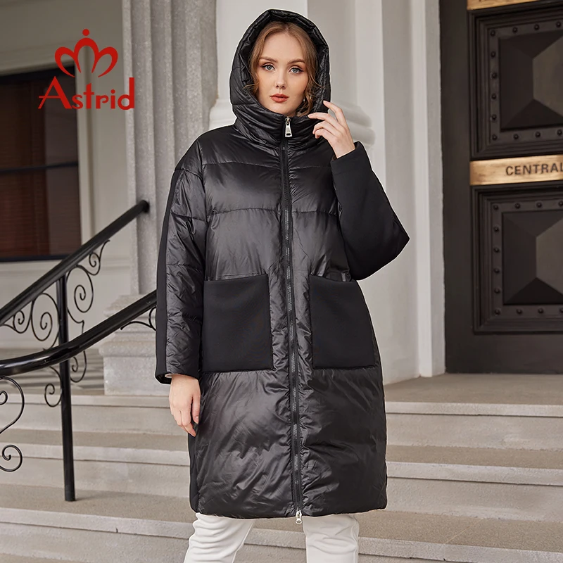 Astrid Winter Down Jacket Coat Women 2022 Loose Outerwear Quality Hooded Space Cotton Patchwork Fabric Female Clothing AR-E7321