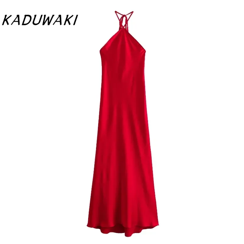 KADUWAKI-vestidos de Color liso sin mangas para mujer, ropa interior de textura satinada fina, estilo Retro, cuello en el cuello, Otoño, medio Otoño, Y2k