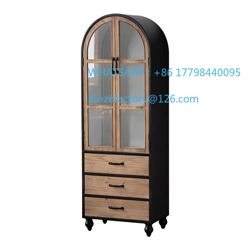 

Customizable American Retro Arch-shaped Side Cabinet Solid Wood Glass Porch Cabinet Living Room Wine Cabinet Household Wall